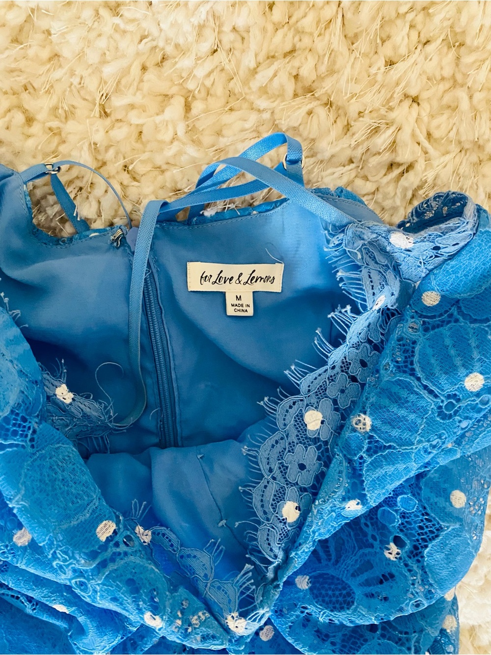 For Love and Lemons Samira Blue with White Polka Dot Lace Ruched Mini Dress - Picture 5 of 5